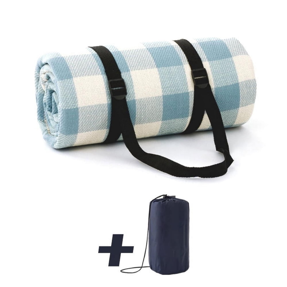 Picnic Blanket, Foldable Blue and White Plaid Outdoor Mat with Carry Strap and Storage Bag  product photo