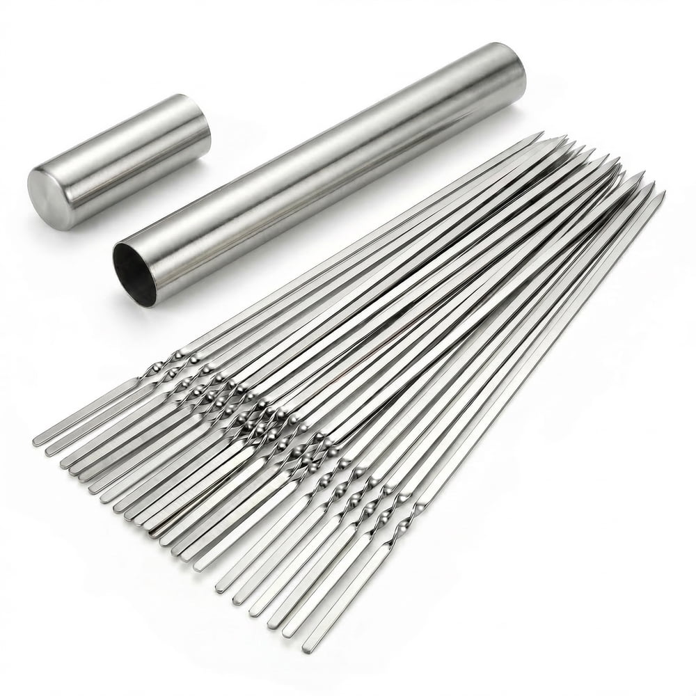 BBQ Skewers, Set of 12 Reusable Stainless Steel Flat Kabob Sticks with Storage Tube, 14 Inch  product photo