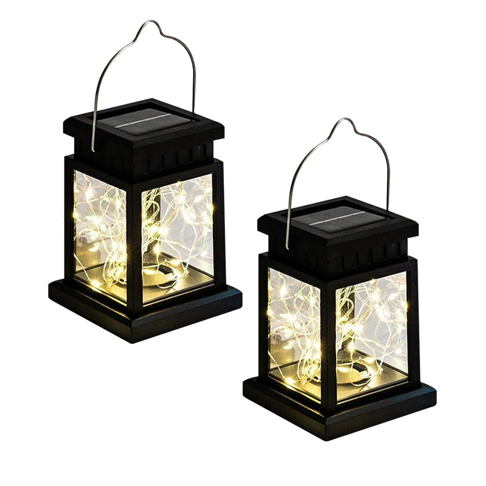 Solar Hanging Lanterns, Set of 2 Black Outdoor LED Lights with Warm Fairy Strands for Patio and Picnic Tables  product photo
