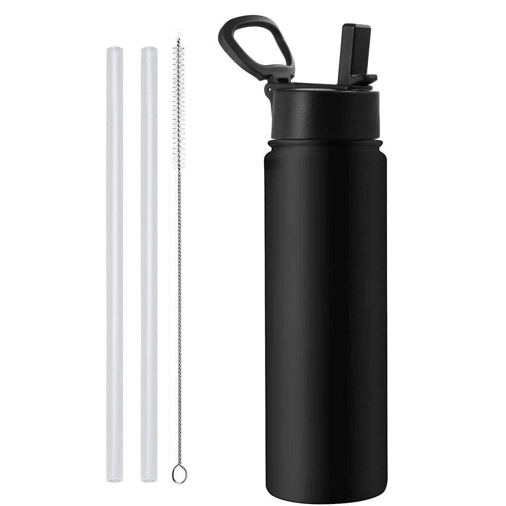 Stainless Steel Water Bottle, 24 oz Black Vacuum Insulated Flask with Straw Lid and Cleaning Brush  product photo