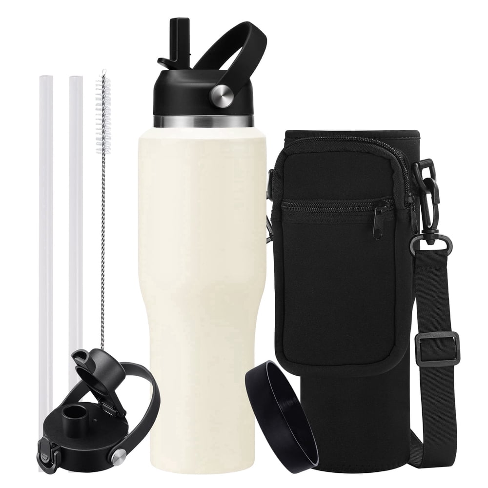 32 oz Vacuum Insulated Water Bottle, Stainless Steel Flask with Straw Lid, Carry Pouch and Cleaning Brush, Cream  product photo