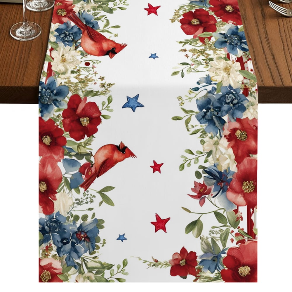 Patriotic Floral Table Runner, 72 Inch Red White and Blue Cardinal and Stars Outdoor Dining Runner  product photo