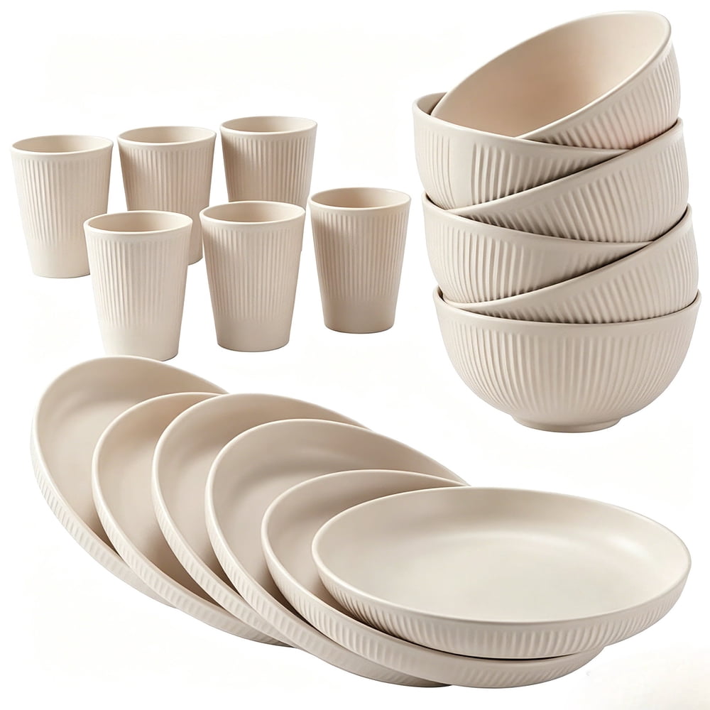 Wheat Straw Dinnerware Set, Lightweight Cream Plates, Bowls and Cups, Reusable and Unbreakable for Outdoor Dining  product photo
