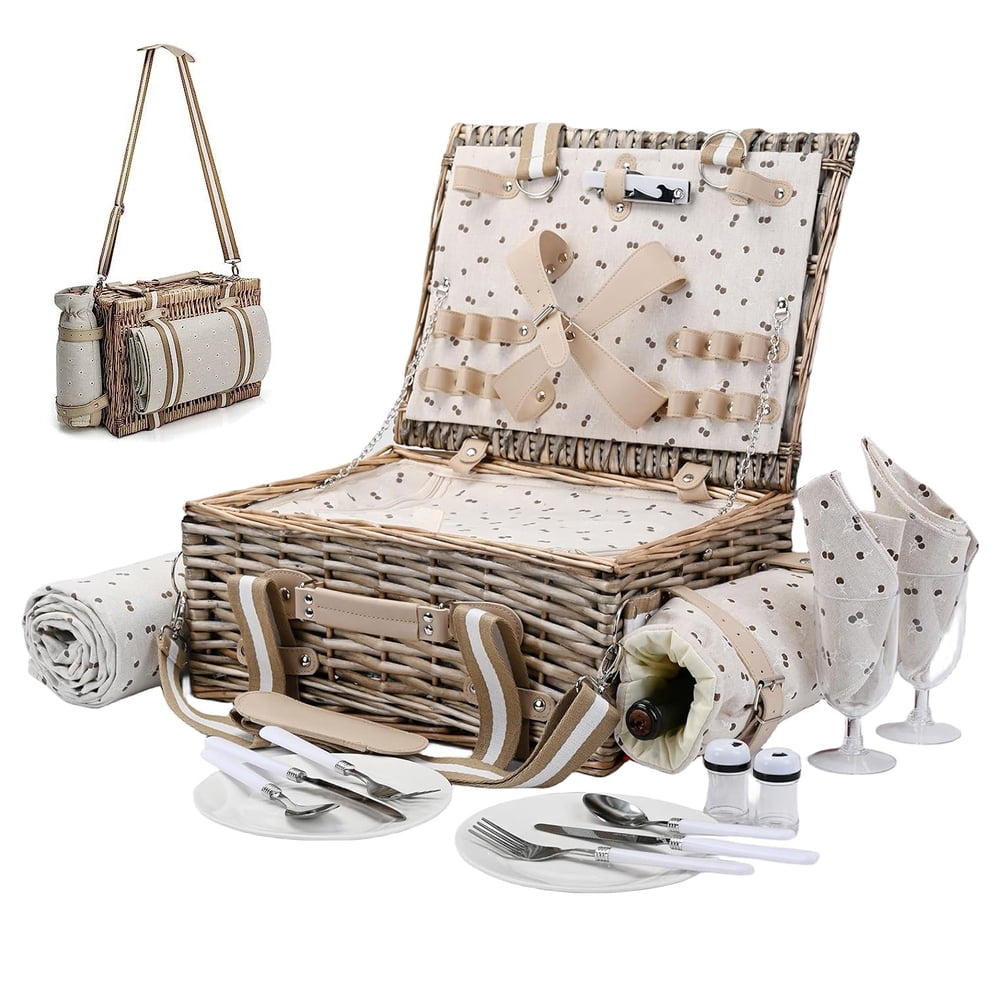 Willow Picnic Basket for 2, Natural Wicker with Removable Cotton Liner, Folding Handles, Plates and Wine Glasses  product photo