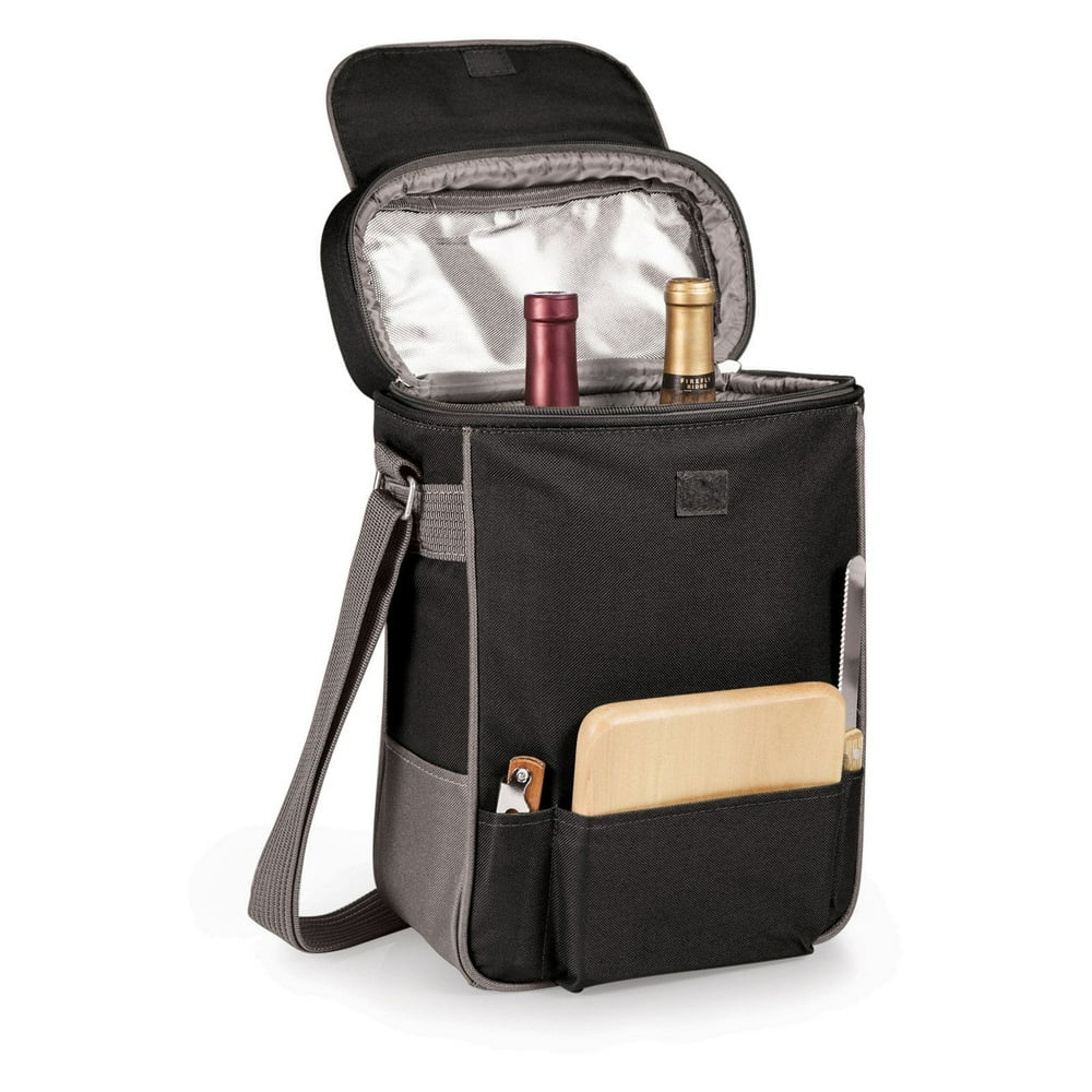 Wine and Cheese Picnic Tote, 2-Person Insulated Black Carrier with Bamboo Board and Serving Tools  product photo