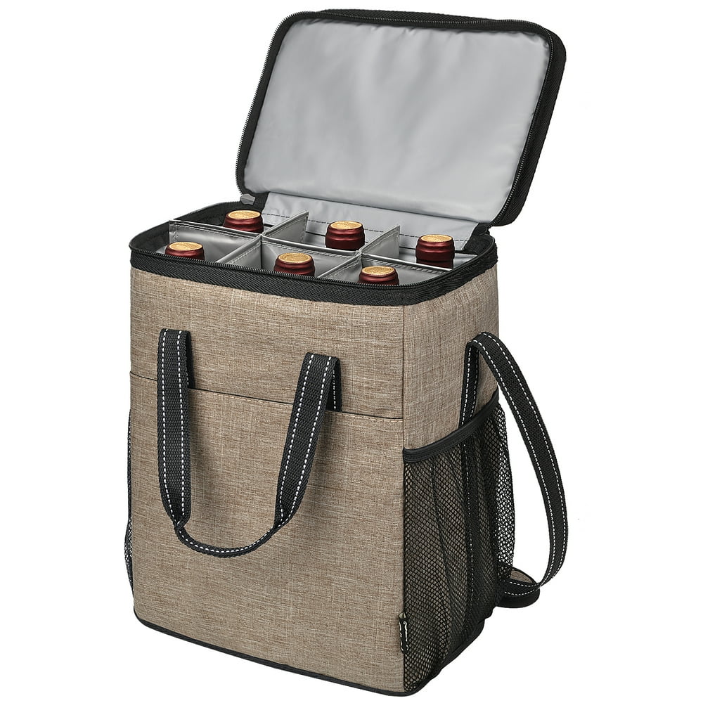 Wine Bottle Carrier Tote, 6-Bottle Insulated Tan Carry Bag with Dividers for Outdoor Picnics  product photo