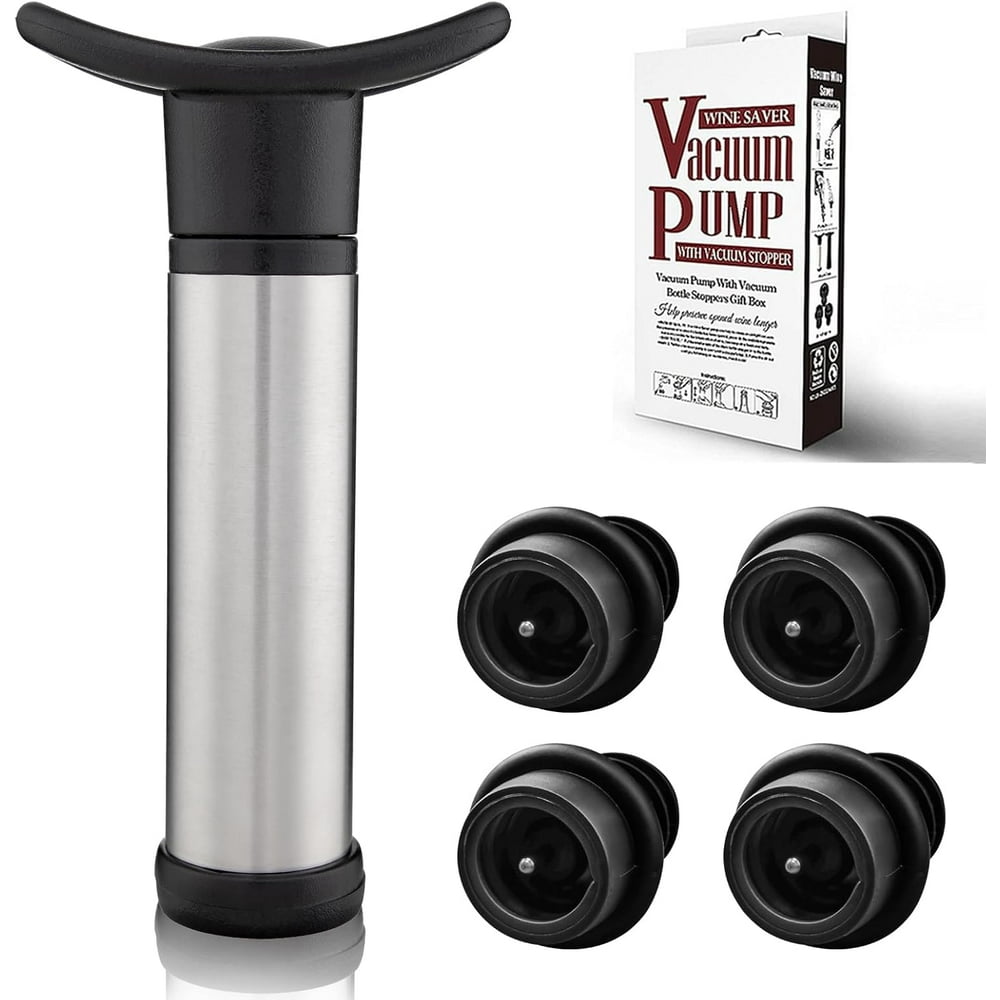 Vacuum Wine Saver Pump with 4 Reusable Bottle Stoppers, Outdoor Bar Preserver Set, Black  product photo